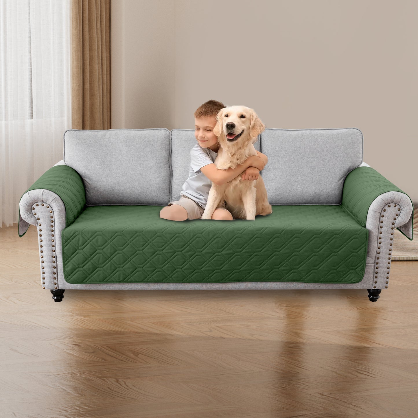 Recliner Sofa Cover Backless  for 1/2/3 Seater with Pocket, Slipcovers Reversible Washable Elastic Adjustable Strap for home,Dark Green