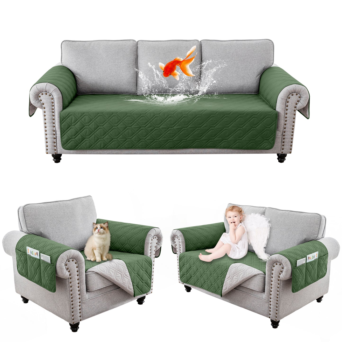 Recliner Sofa Cover Backless  for 1/2/3 Seater with Pocket, Slipcovers Reversible Washable Elastic Adjustable Strap for home,Dark Green