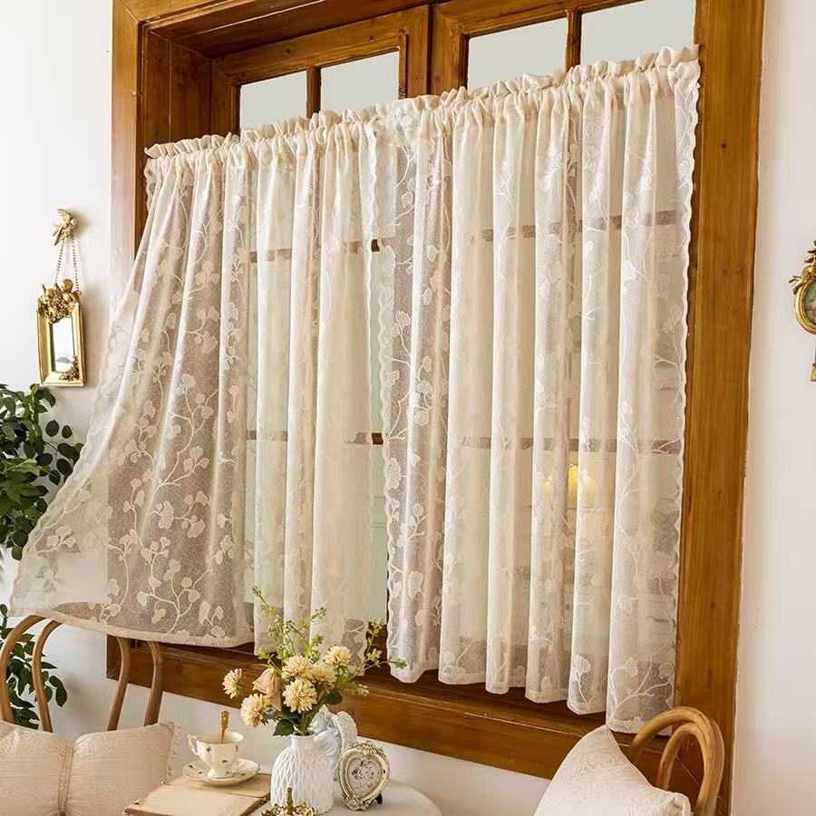 Vintage Lace Curtains Romantic Ginkgo biloba leaves pattern Curtains Panels for Kithchen Living Room French Door, Beige
