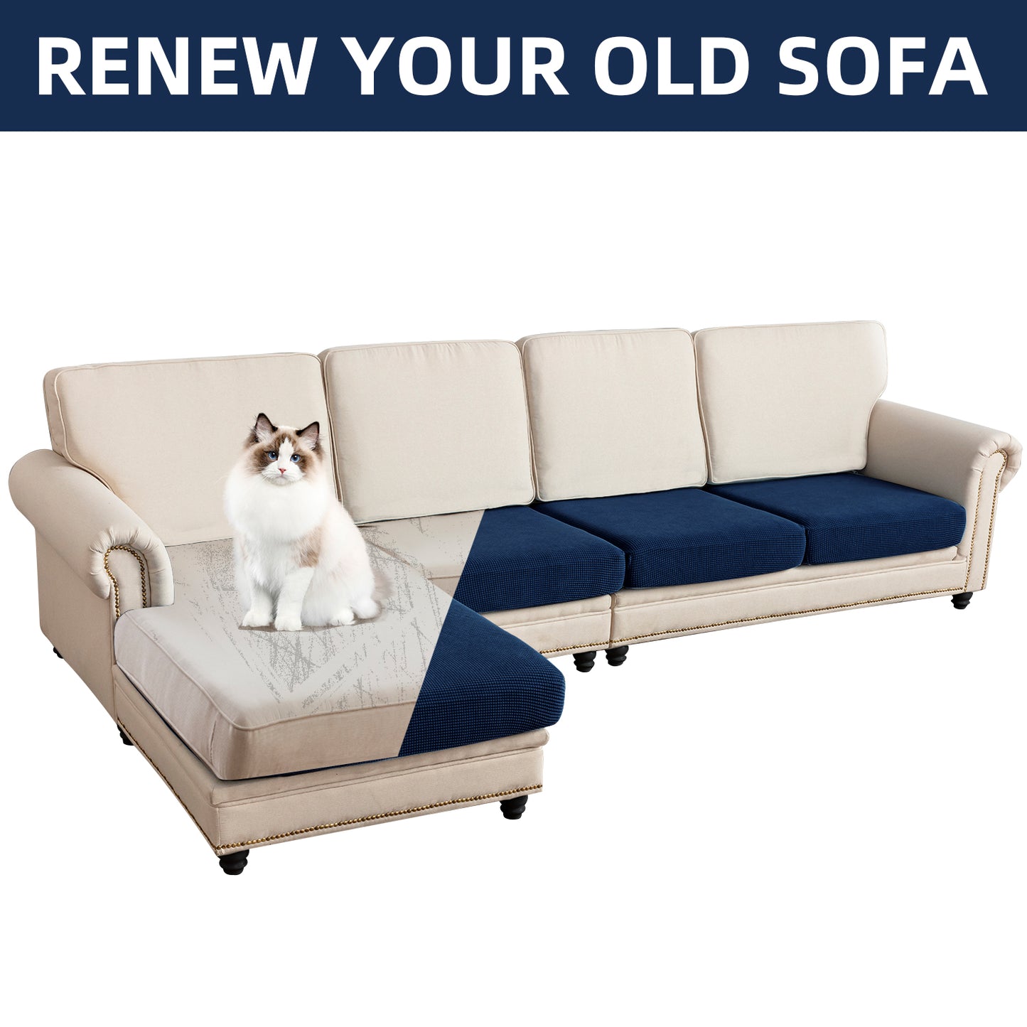 Sectional Couch Covers 4 Pieces Sofa Seat Cushion Covers L Shape Separate Cushion Couch Chaise Cover for Both Left/Right Sectional Couch (Large Sofa 3 Seater + 1 Chaise, Navy)