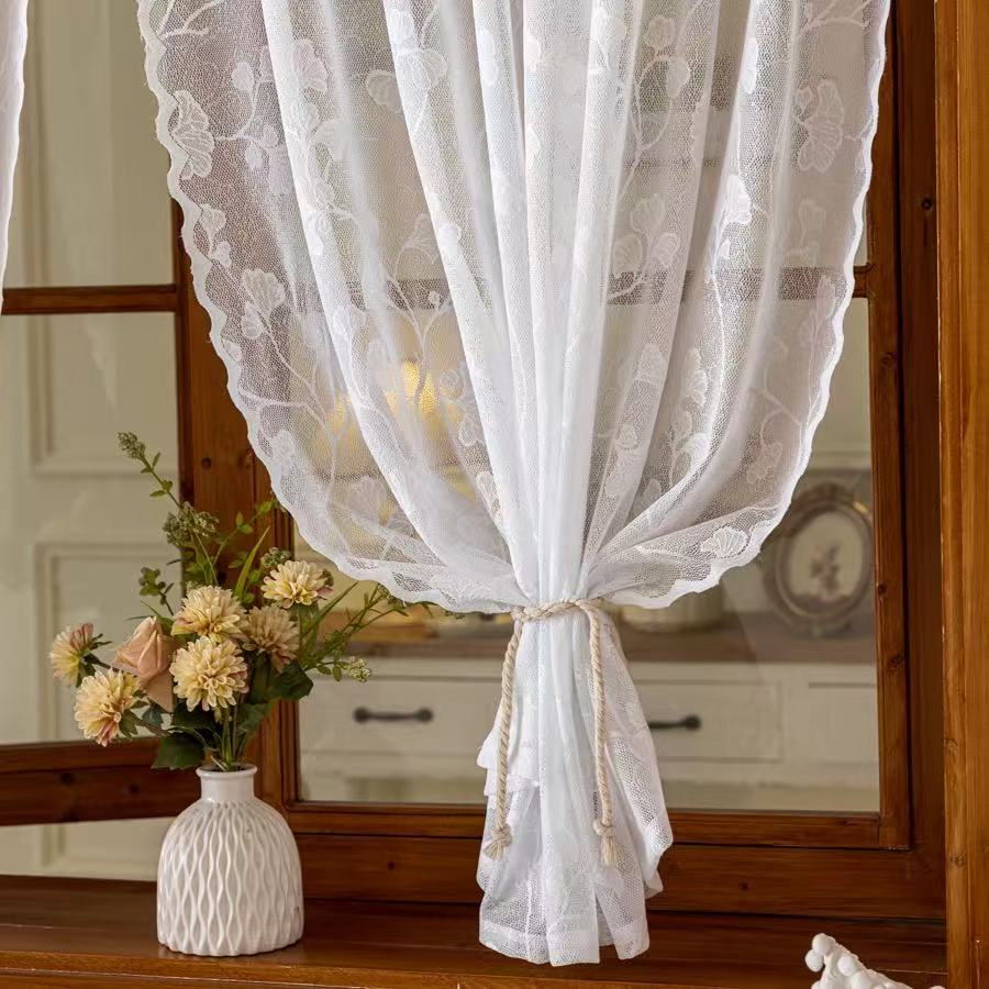 Vintage Lace Curtains Romantic Ginkgo biloba leaves pattern Curtains Panels for Kithchen Living Room French Door, White