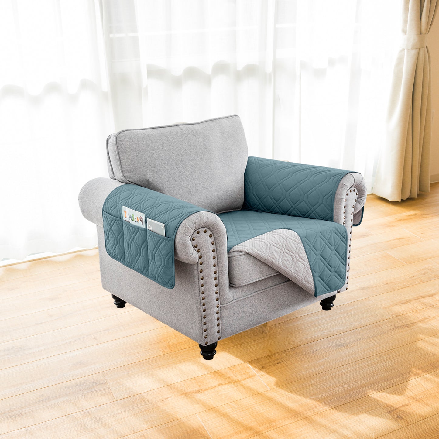 Recliner Sofa Cover Backless  for 1/2/3 Seater with Pocket, Slipcovers Reversible Washable Elastic Adjustable Strap for home,Grey Blue