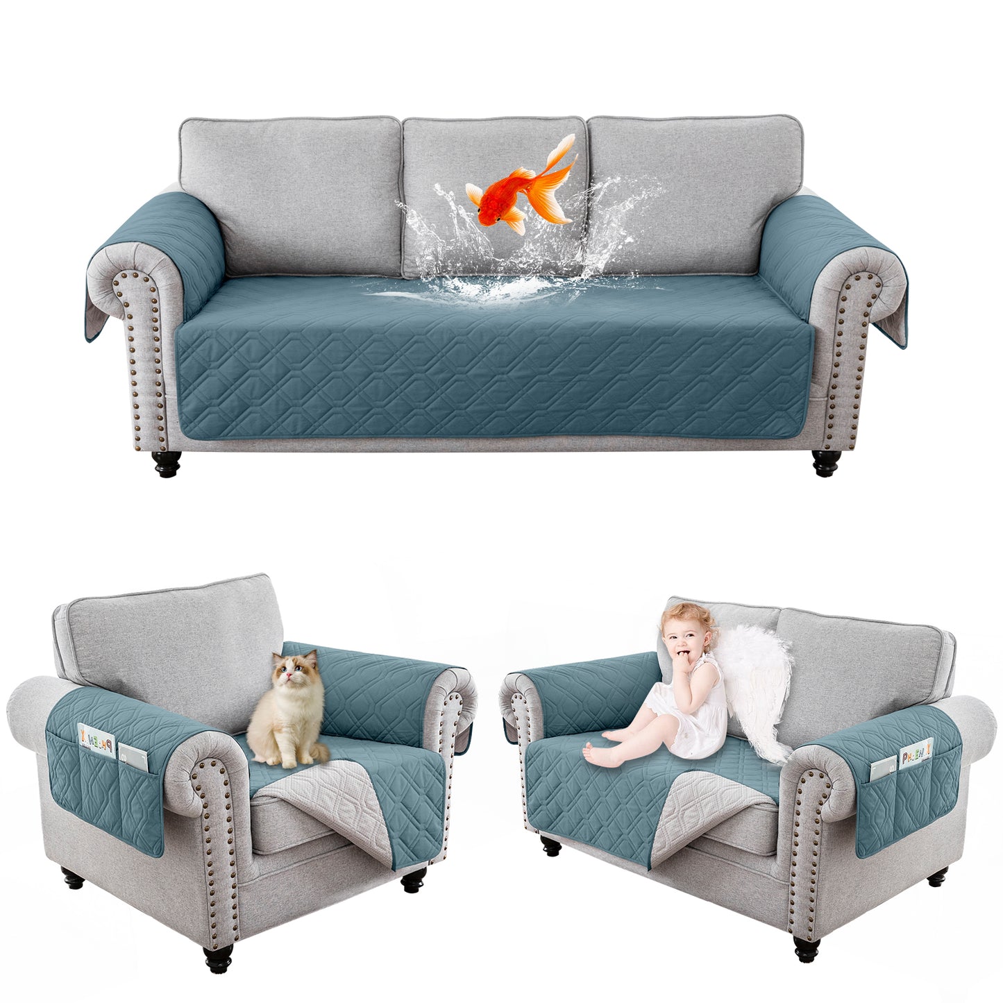 Recliner Sofa Cover Backless  for 1/2/3 Seater with Pocket, Slipcovers Reversible Washable Elastic Adjustable Strap for home,Grey Blue