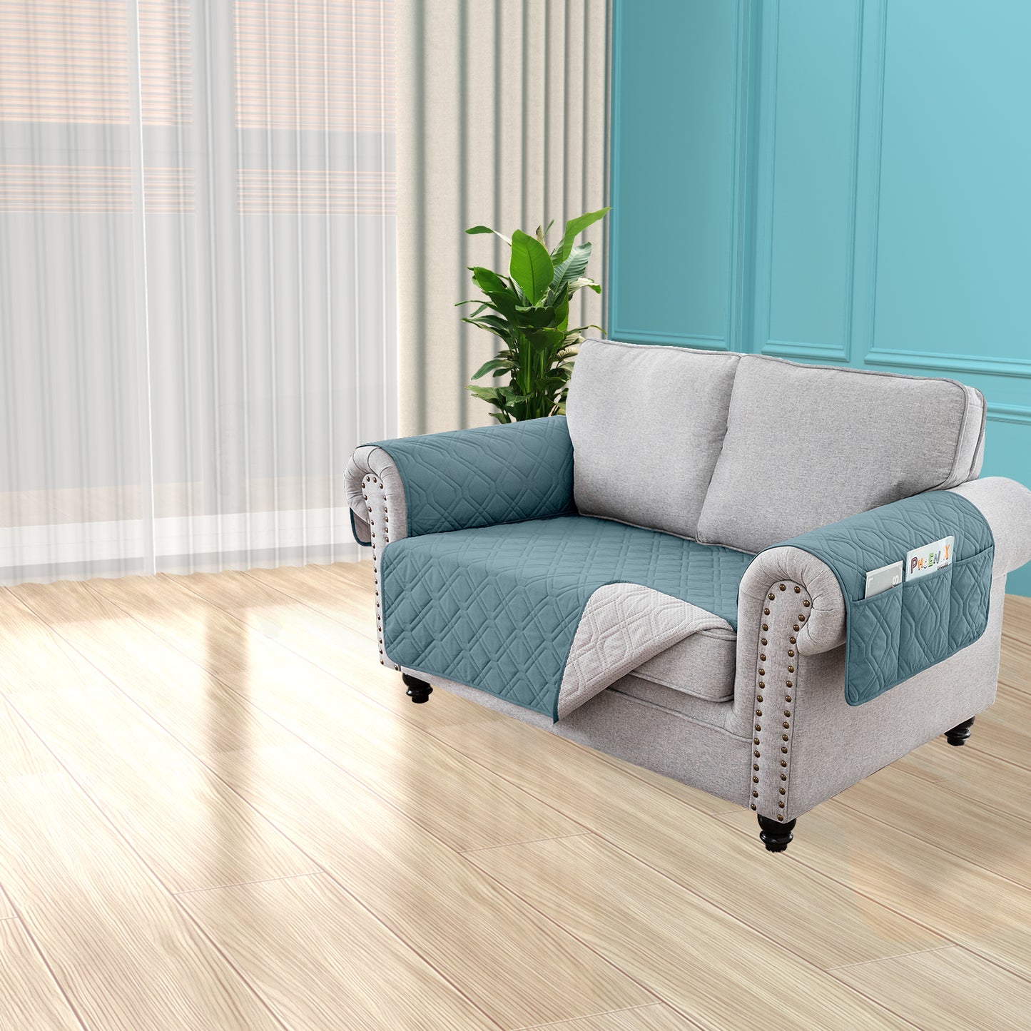 Recliner Sofa Cover Backless  for 1/2/3 Seater with Pocket, Slipcovers Reversible Washable Elastic Adjustable Strap for home,Grey Blue