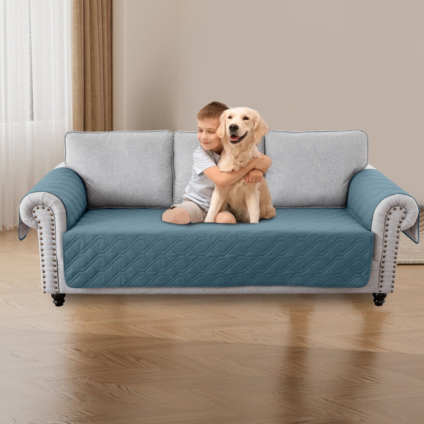 Recliner Sofa Cover Backless  for 1/2/3 Seater with Pocket, Slipcovers Reversible Washable Elastic Adjustable Strap for home,Grey Blue