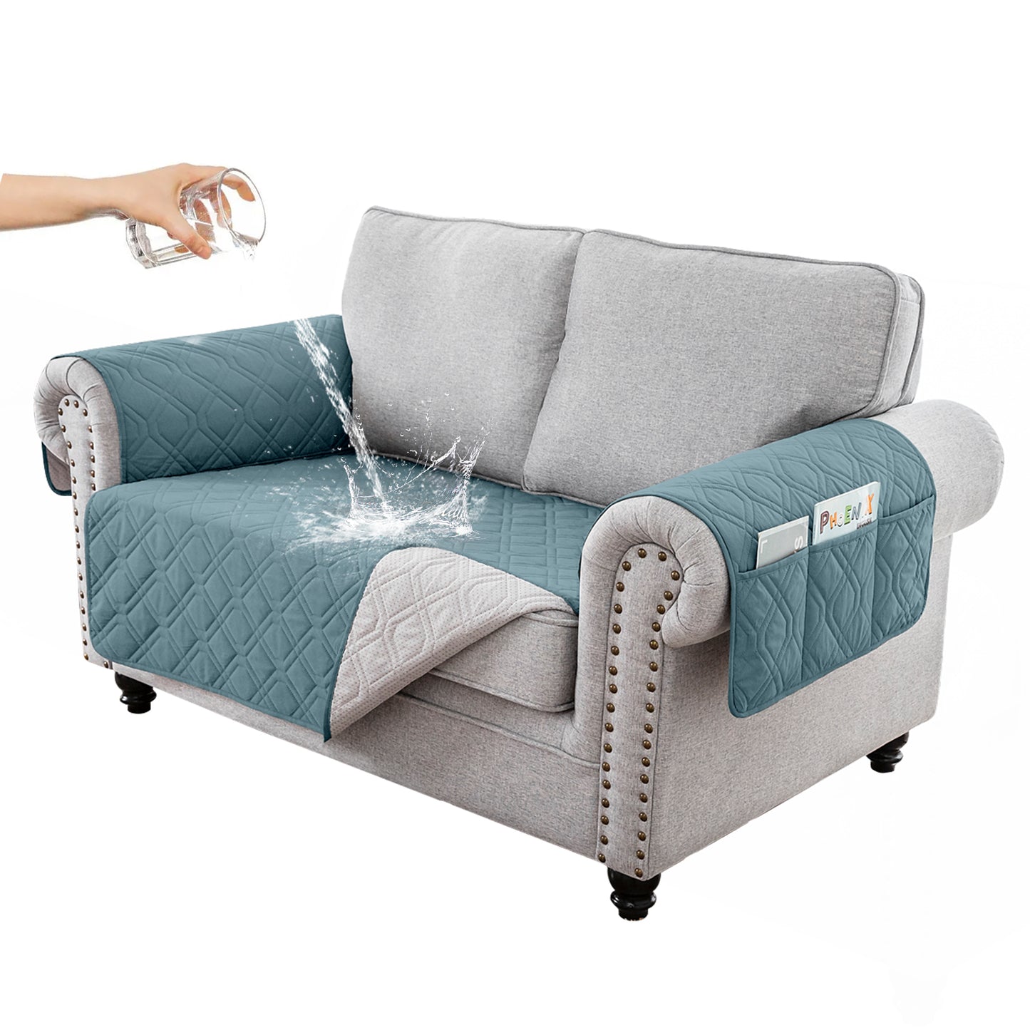 Recliner Sofa Cover Backless  for 1/2/3 Seater with Pocket, Slipcovers Reversible Washable Elastic Adjustable Strap for home,Grey Blue