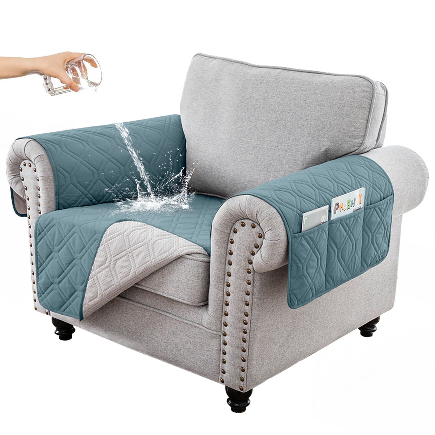 Recliner Sofa Cover Backless  for 1/2/3 Seater with Pocket, Slipcovers Reversible Washable Elastic Adjustable Strap for home,Grey Blue