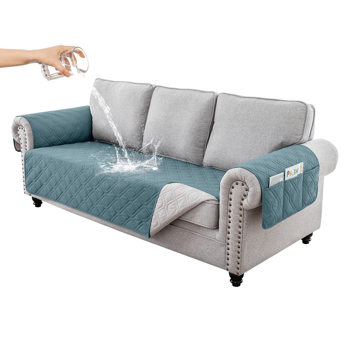 Recliner Sofa Cover Backless  for 1/2/3 Seater with Pocket, Slipcovers Reversible Washable Elastic Adjustable Strap for home,Grey Blue