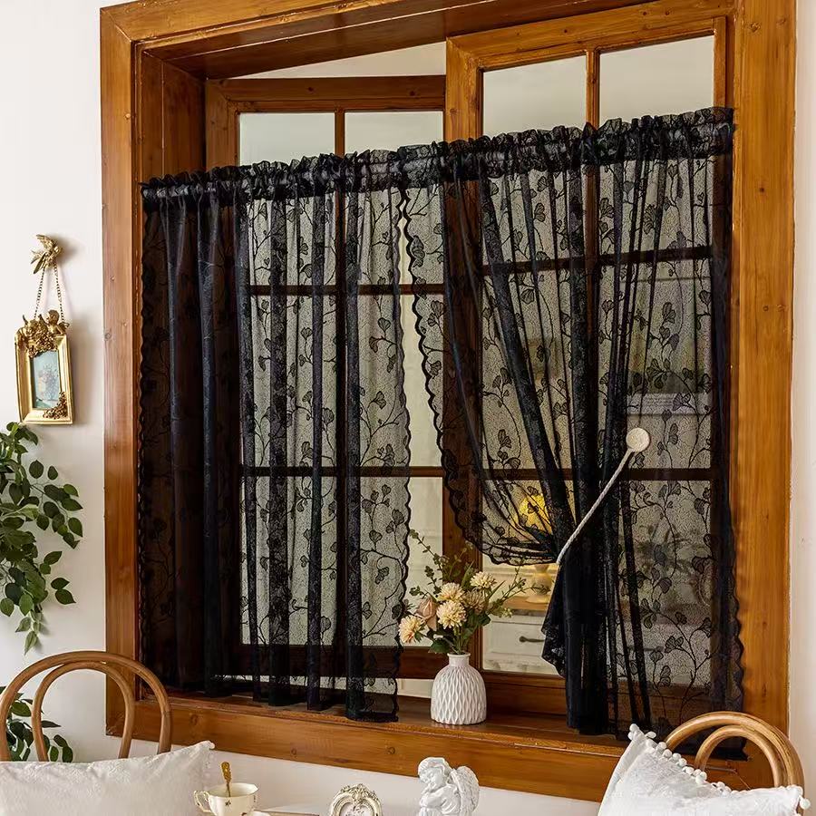 Vintage Lace Curtains Romantic Ginkgo biloba leaves pattern Curtains Panels for Kithchen Living Room French Door, Black