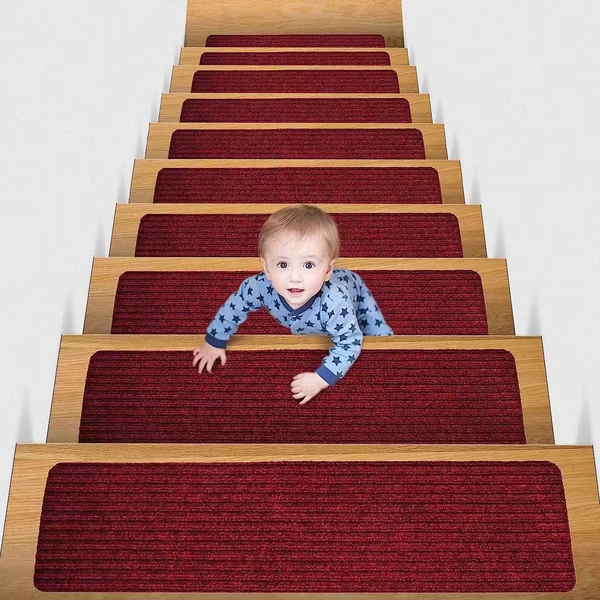 Stair Treads Carpet Non-Slip Indoor Stair Runners for Wooden Steps, Stair Rugs for Kids and Dogs, Set of 15, 8" X 30", Burgundy