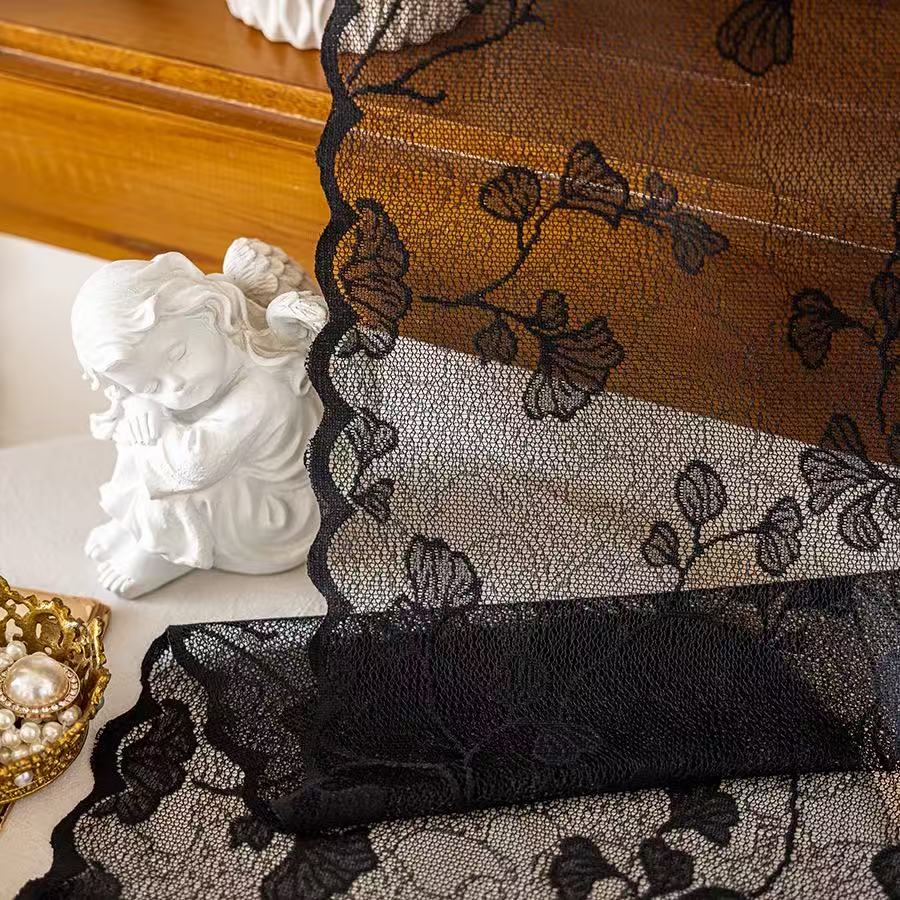 Vintage Lace Curtains Romantic Ginkgo biloba leaves pattern Curtains Panels for Kithchen Living Room French Door, Black