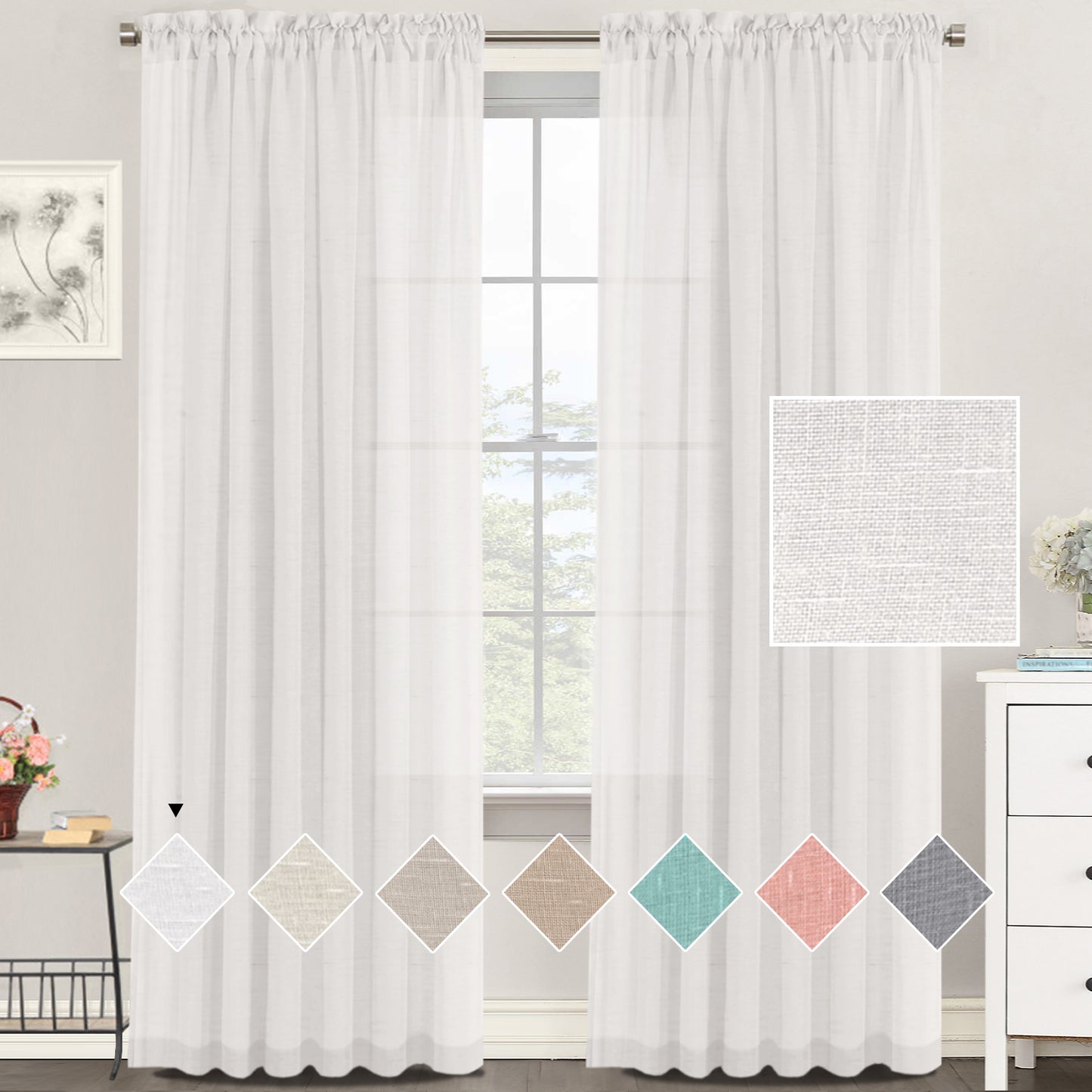 Natural Linen Sheer Curtains 2 Panels, Rod Pocket Semitransparent Semi-Sheer Soft Comfort Privacy Drapes,White