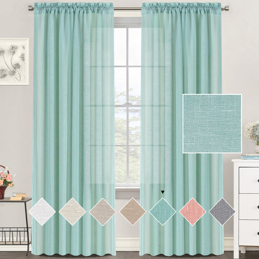 Natural Linen Sheer Curtains 2 Panels, Rod Pocket Semitransparent Semi-Sheer Soft Comfort Privacy Drapes,Sage