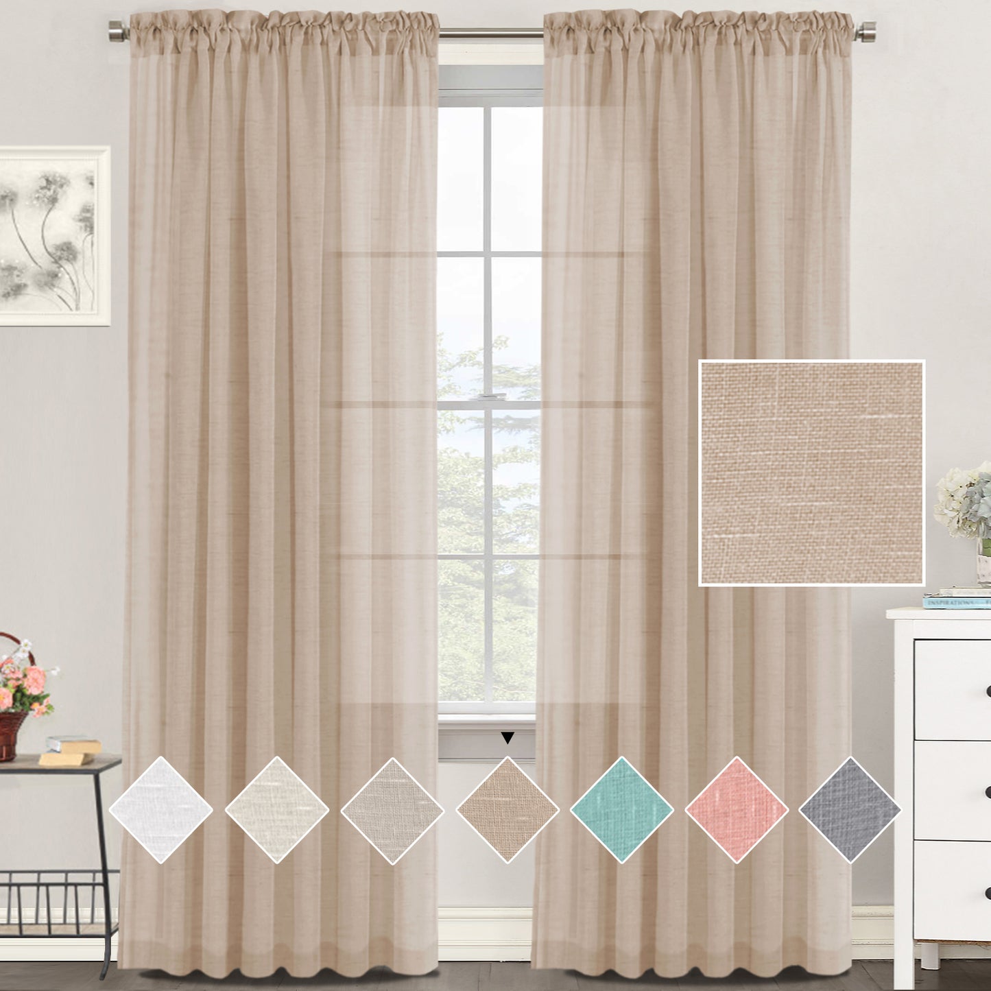 Natural Linen Sheer Curtains 2 Panels, Rod Pocket Semitransparent Semi-Sheer Soft Comfort Privacy Drapes,Natural