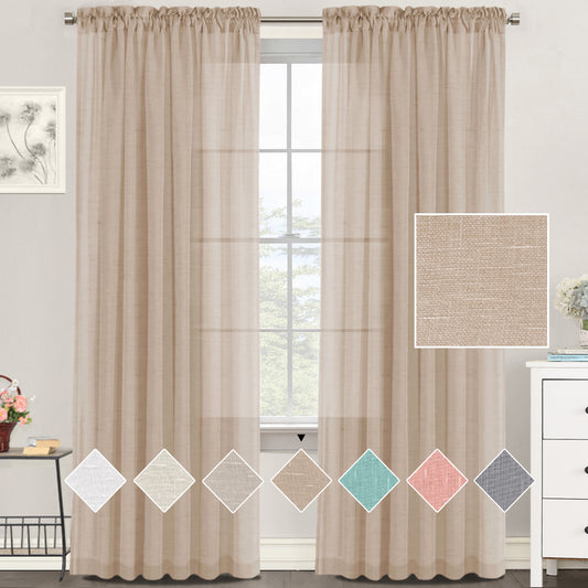Natural Linen Sheer Curtains 2 Panels, Rod Pocket Semitransparent Semi-Sheer Soft Comfort Privacy Drapes,Natural