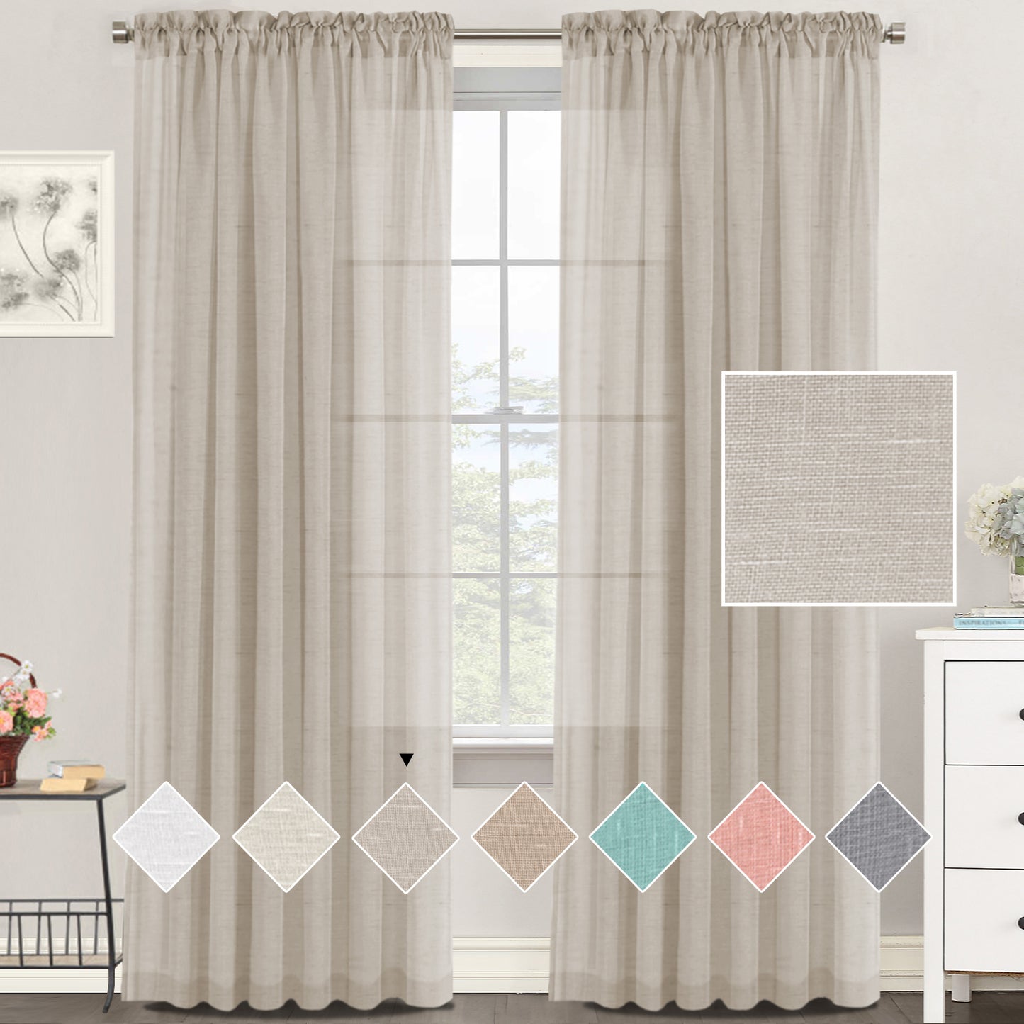 Natural Linen Sheer Curtains 2 Panels, Rod Pocket Semitransparent Semi-Sheer Soft Comfort Privacy Drapes,Linen