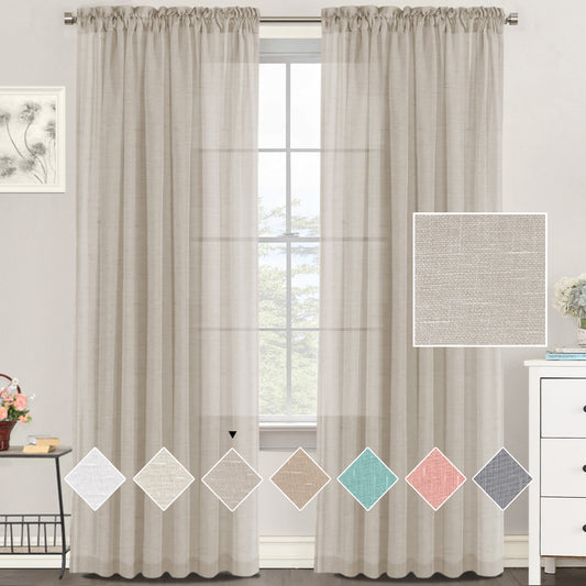 Natural Linen Sheer Curtains 2 Panels, Rod Pocket Semitransparent Semi-Sheer Soft Comfort Privacy Drapes,Linen
