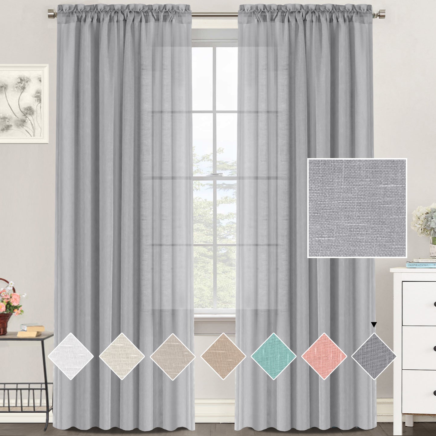 Natural Linen Sheer Curtains 2 Panels, Rod Pocket Semitransparent Semi-Sheer Soft Comfort Privacy Drapes,Grey