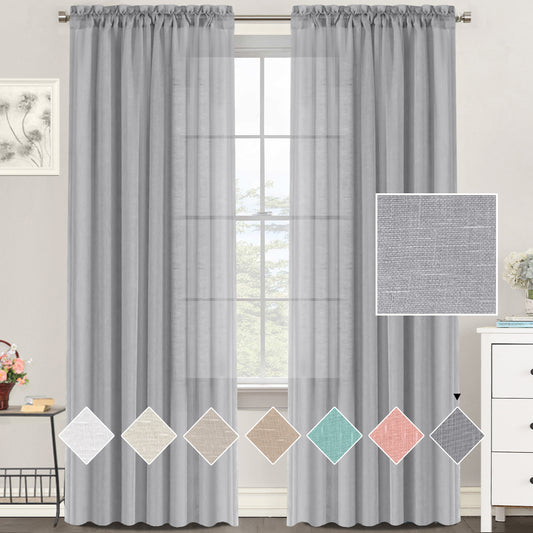 Natural Linen Sheer Curtains 2 Panels, Rod Pocket Semitransparent Semi-Sheer Soft Comfort Privacy Drapes,Grey