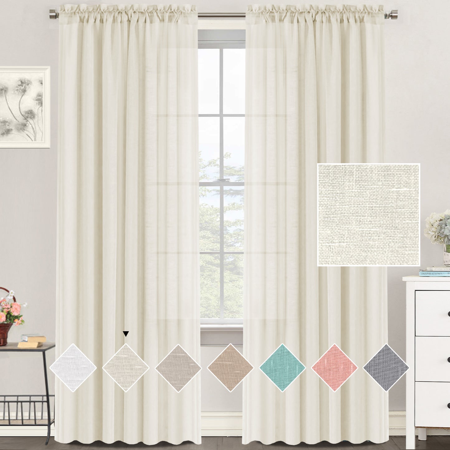 Natural Linen Sheer Curtains 2 Panels, Rod Pocket Semitransparent Semi-Sheer Soft Comfort Privacy Drapes,Ivory