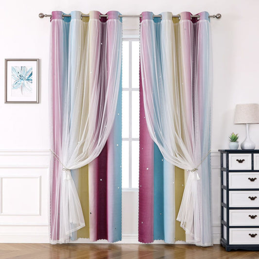 2 Panels Curtains for Kids Girls Bedroom Aesthetic Living Room Decor Colorful Double Layer, Star Cut Out Stripe Rainbow Window ,Purple/Blue