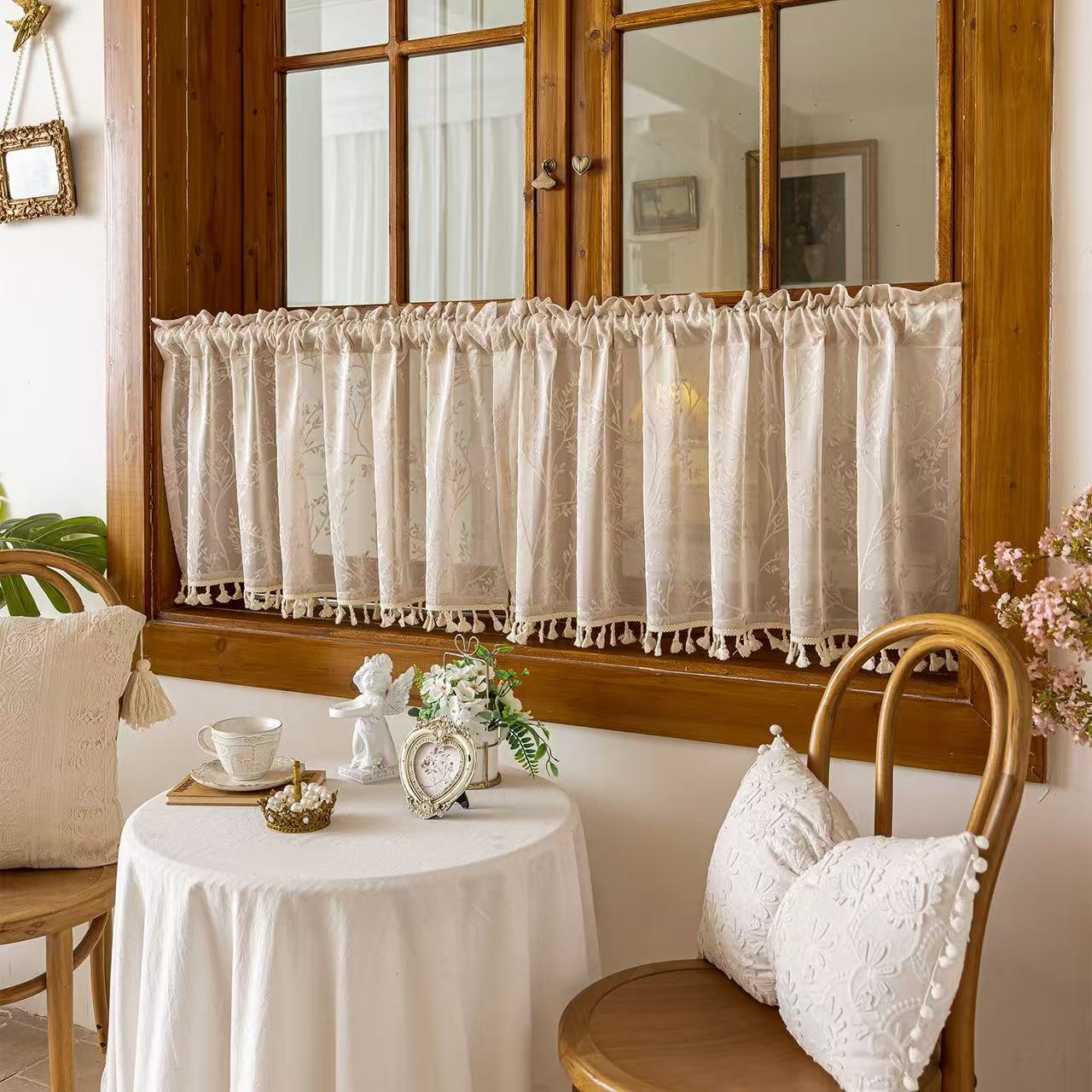 Beige Valances for Windows, Small Window Curtains for Living Room Bathroom Laundry Basement, Modern Rod Pocket Semi Sheer Jacquard Curtains