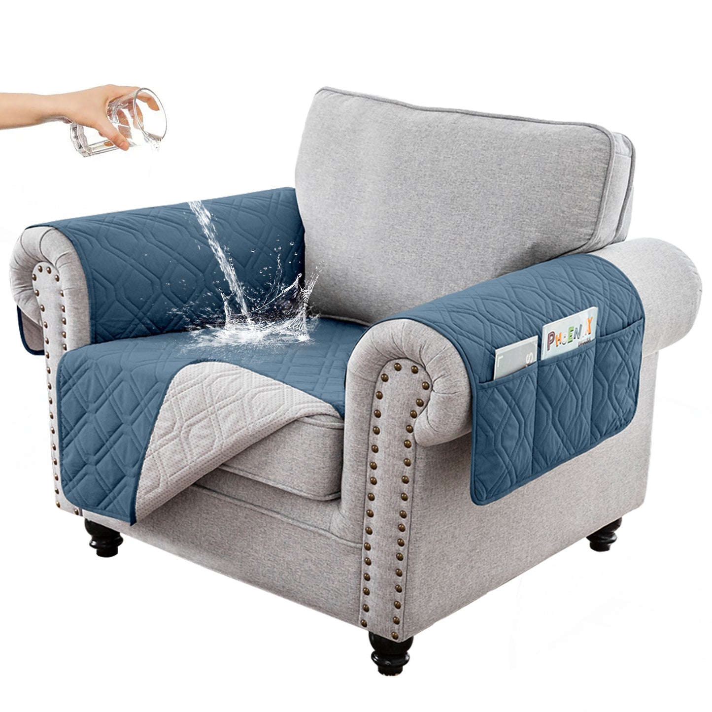 Recliner Sofa Cover Backless  for 1/2/3 Seater with Pocket, Slipcovers Reversible Washable Elastic Adjustable Strap for home,Berlin Blue