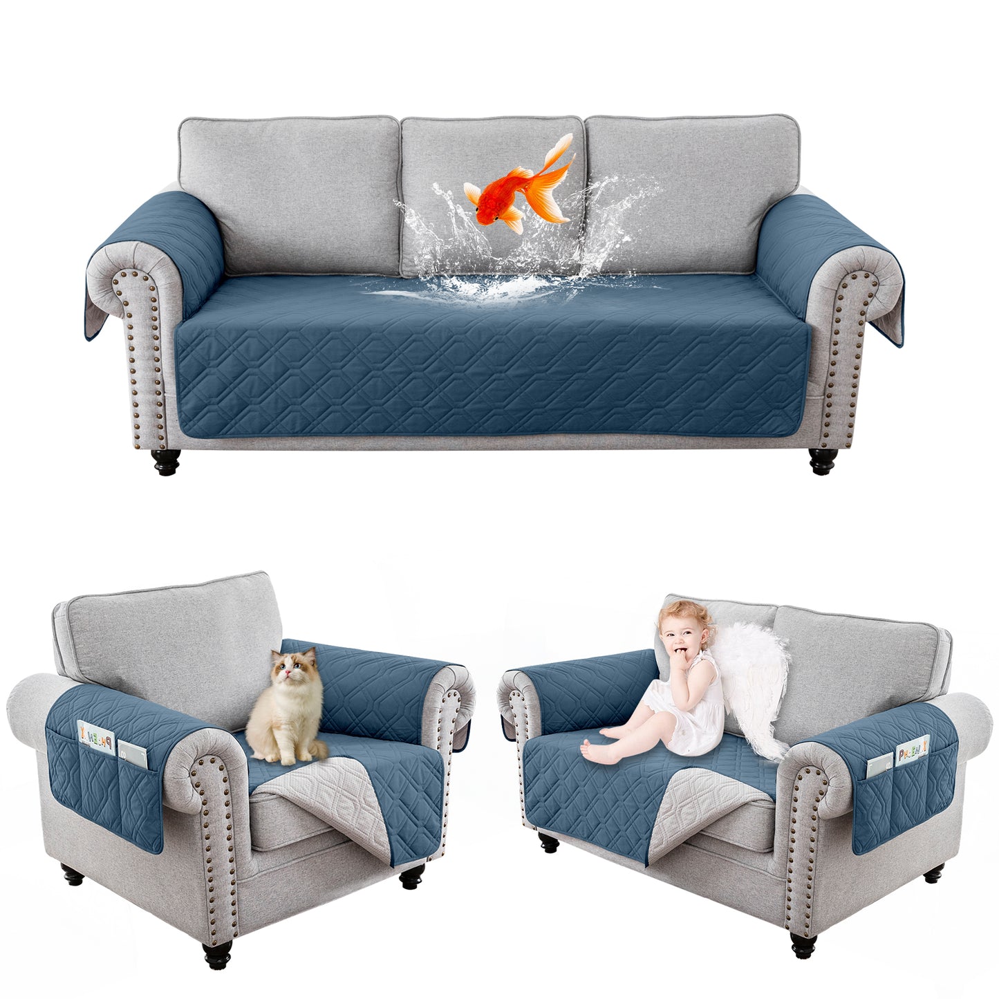 Recliner Sofa Cover Backless  for 1/2/3 Seater with Pocket, Slipcovers Reversible Washable Elastic Adjustable Strap for home,Berlin Blue