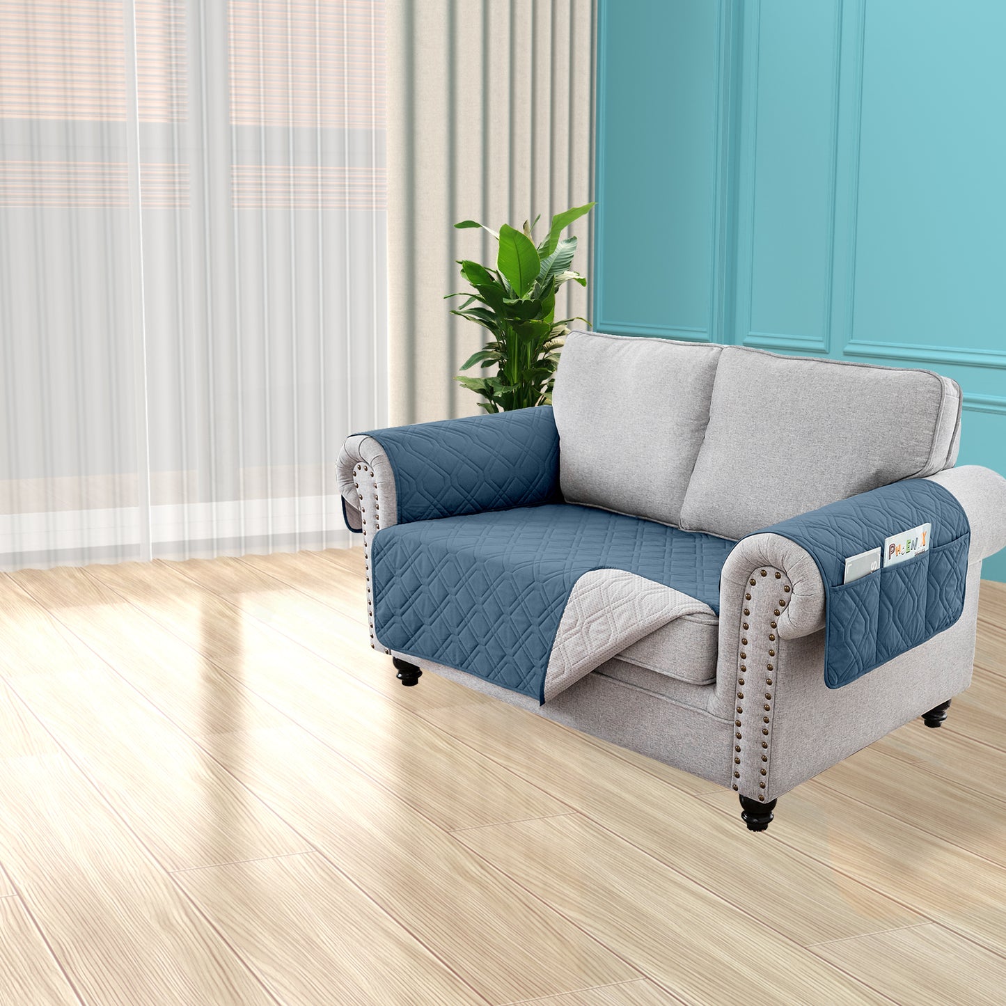 Recliner Sofa Cover Backless  for 1/2/3 Seater with Pocket, Slipcovers Reversible Washable Elastic Adjustable Strap for home,Berlin Blue