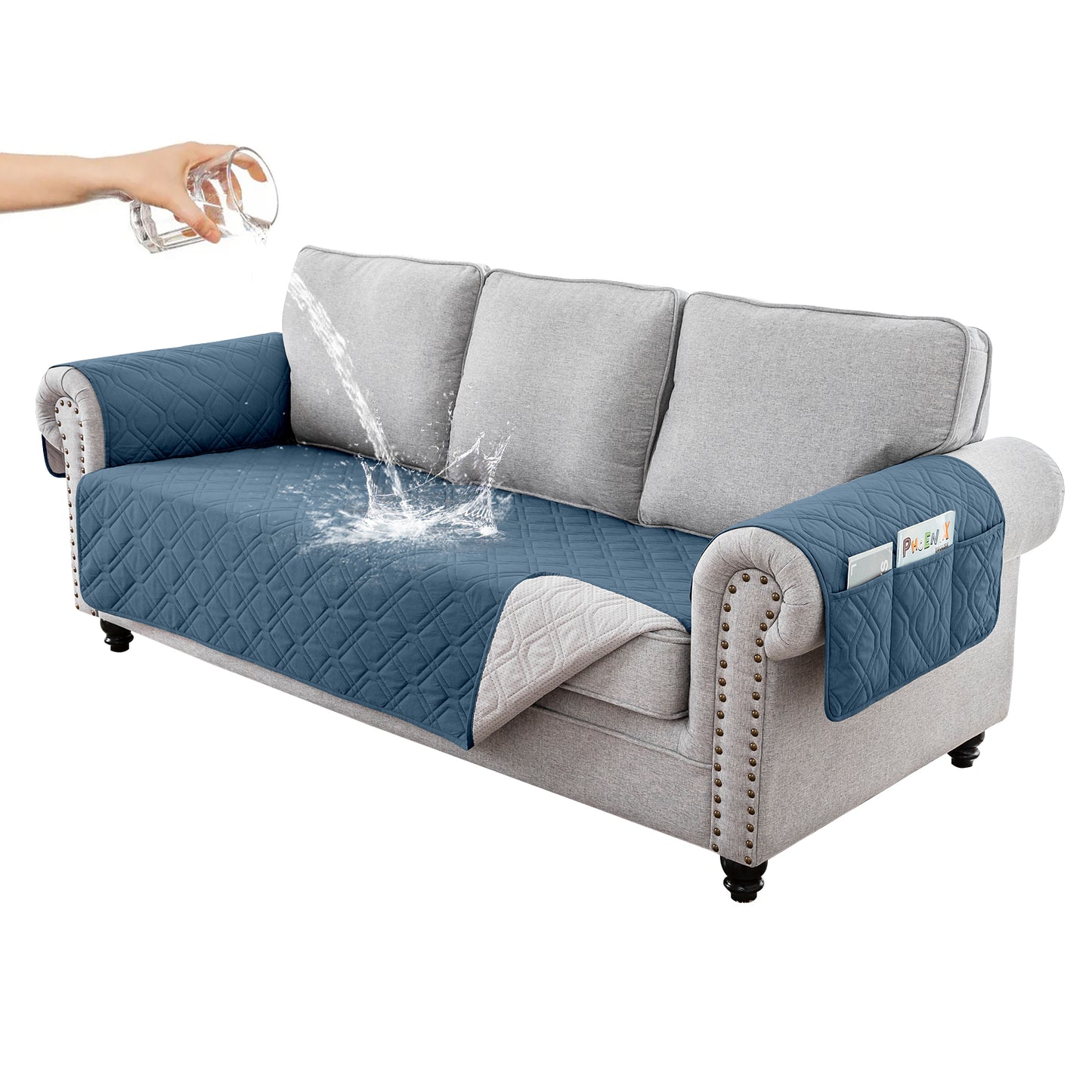 Recliner Sofa Cover Backless  for 1/2/3 Seater with Pocket, Slipcovers Reversible Washable Elastic Adjustable Strap for home,Berlin Blue