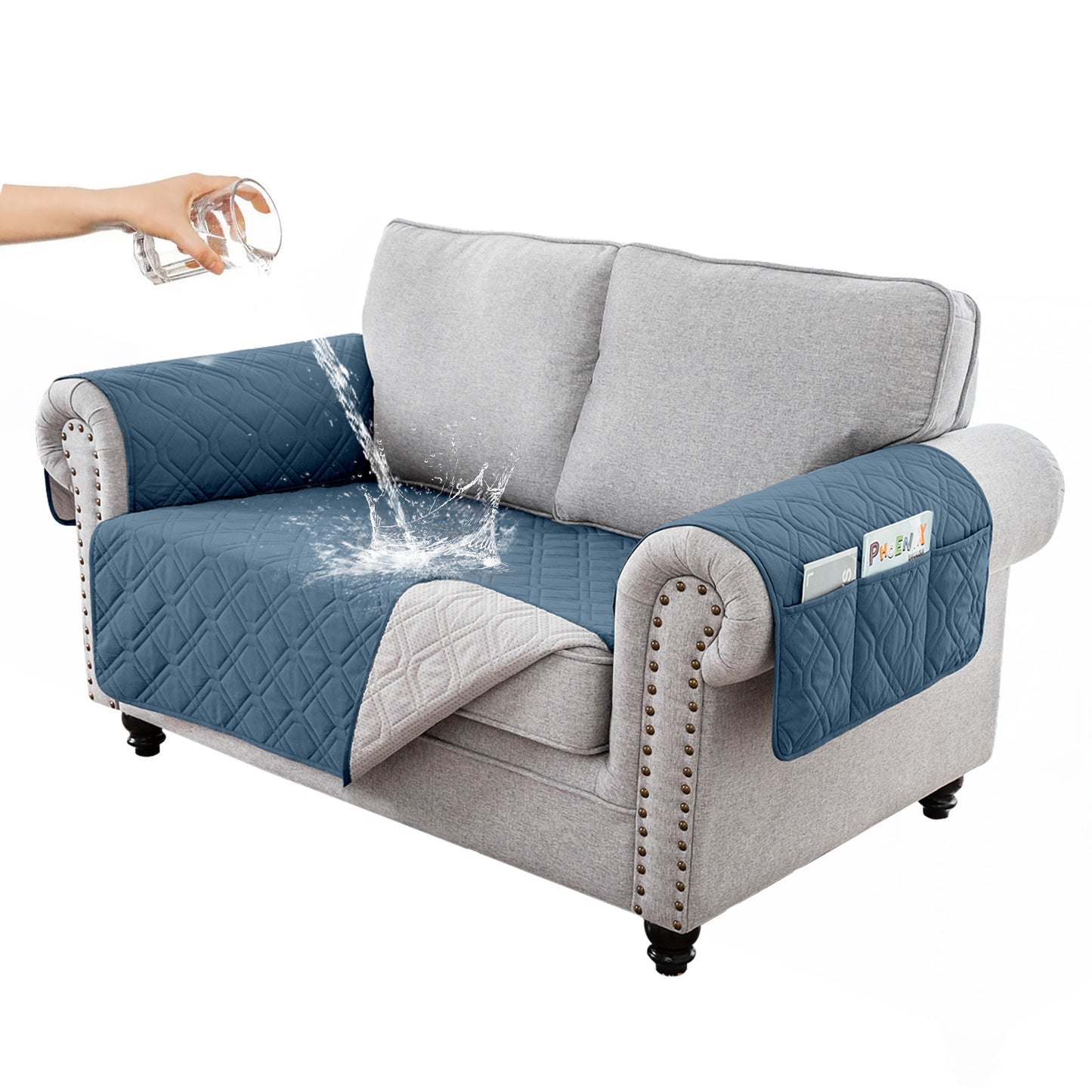 Recliner Sofa Cover Backless  for 1/2/3 Seater with Pocket, Slipcovers Reversible Washable Elastic Adjustable Strap for home,Berlin Blue