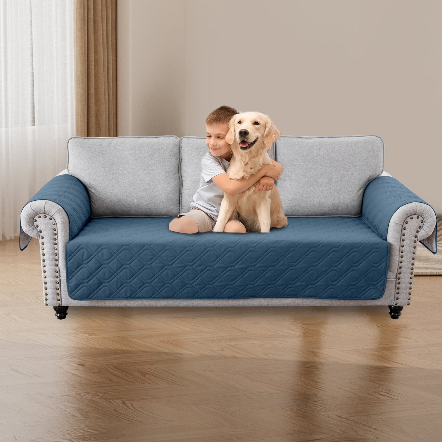 Recliner Sofa Cover Backless  for 1/2/3 Seater with Pocket, Slipcovers Reversible Washable Elastic Adjustable Strap for home,Berlin Blue