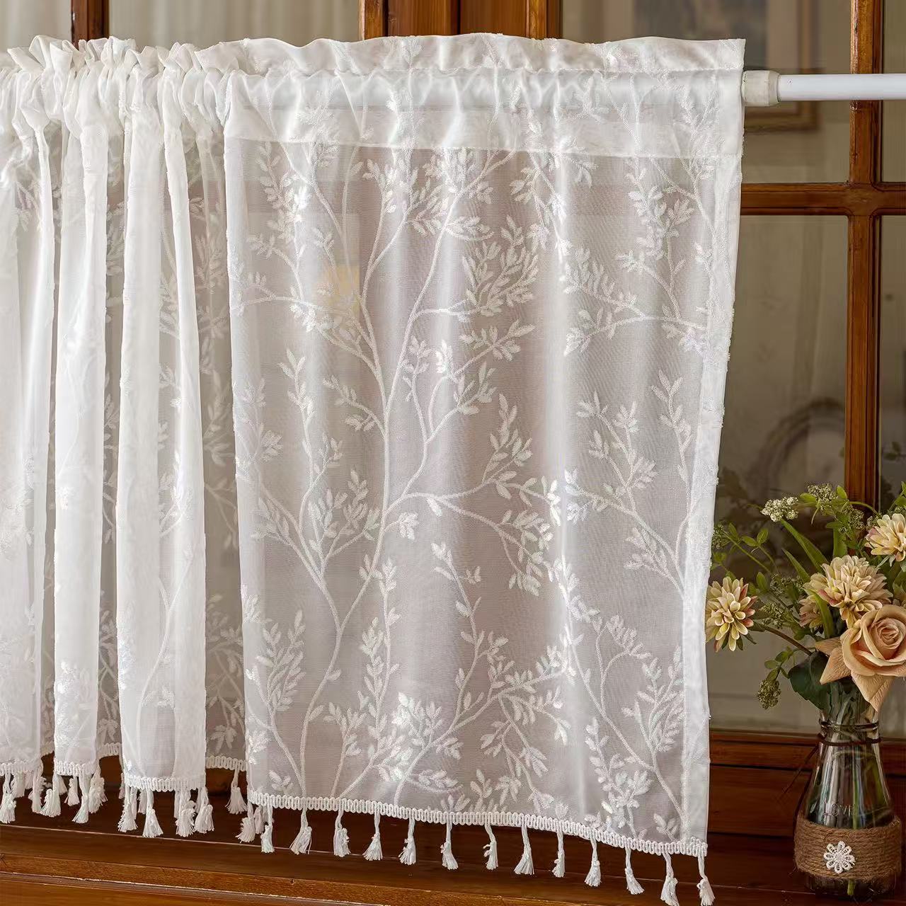 White Valances for Windows, Small Window Curtains for Living Room Bathroom Laundry Basement, Modern Rod Pocket Semi Sheer Jacquard Curtains