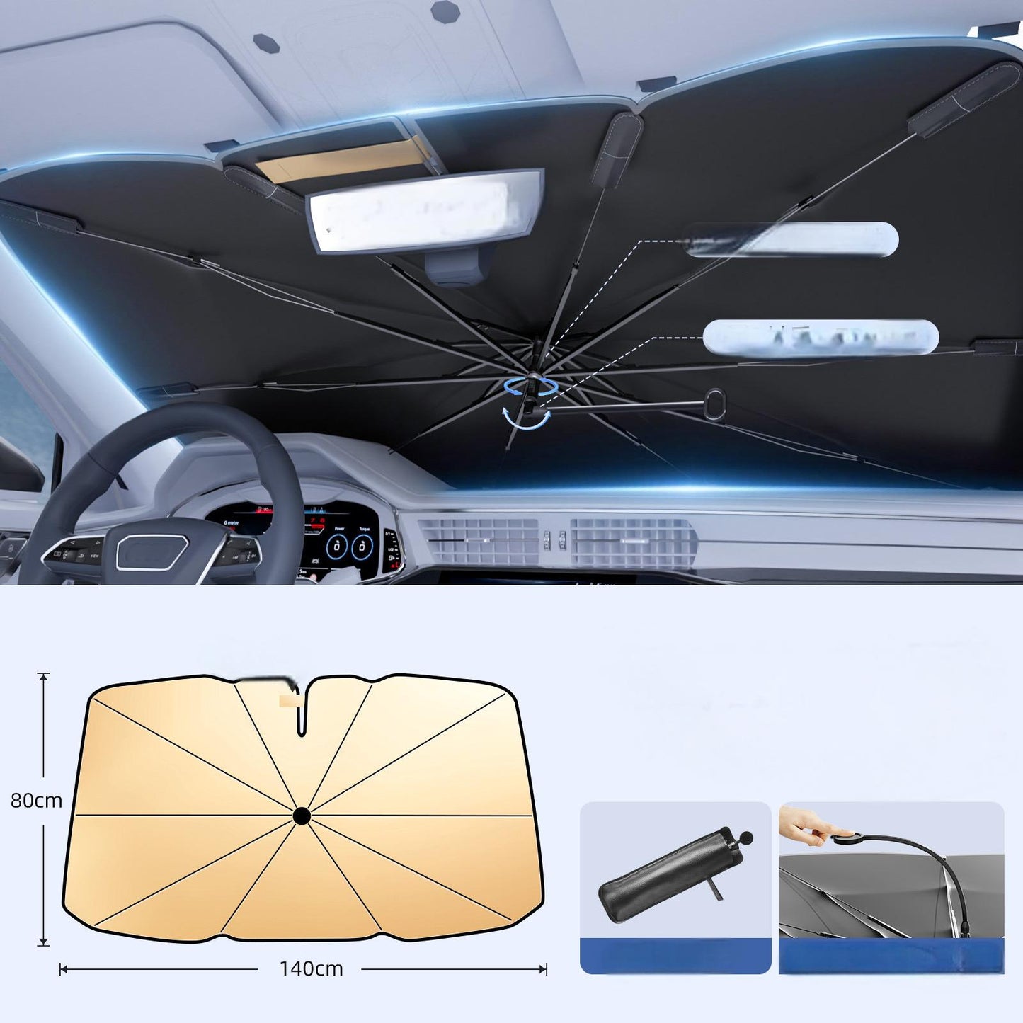 Windshield Sun Shade Umbrella - Protect Car from Sun Rays & Heat Damage Keep Cool and Protect Interior, Spring Structure,Umbrella handle bent,Top opening,Gold