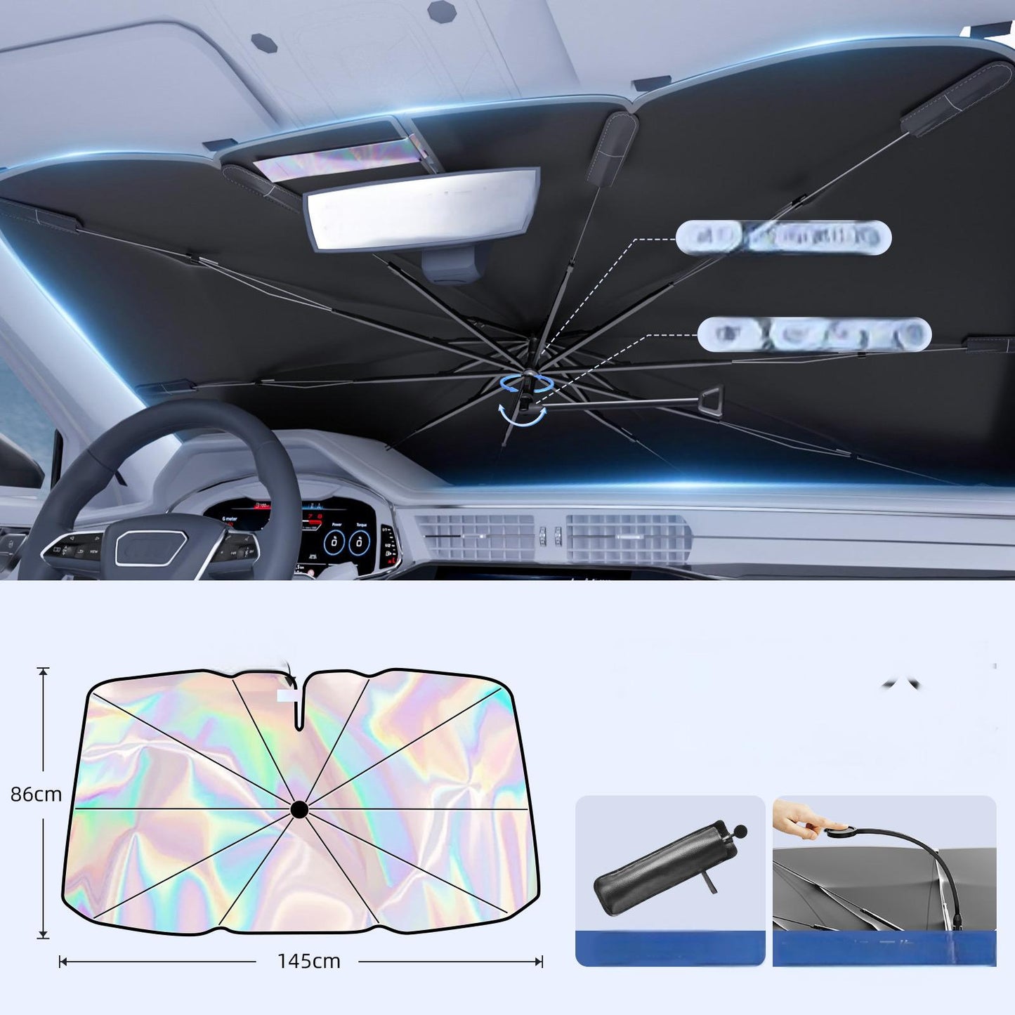 Windshield Sun Shade Umbrella - Protect Car from Sun Rays & Heat Damage Keep Cool and Protect Interior, Spring Structure,Umbrella handle bent,Top opening,Laser
