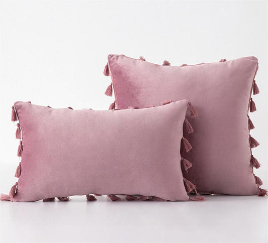 Pack of 2 Velvet Soft Solid Decorative Throw Pillows with Tassels Fringe Boho Accent Cushion for Couch Sofa Bed, Pink Purple