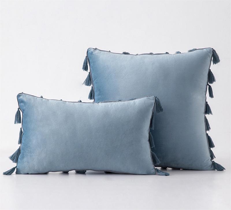Pack of 2 Velvet Soft Solid Decorative Throw Pillows with Tassels Fringe Boho Accent Cushion for Couch Sofa Bed, Water Blue