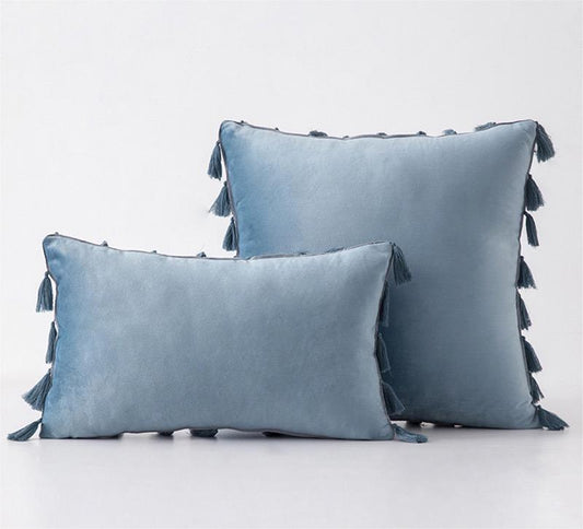 Pack of 2 Velvet Soft Solid Decorative Throw Pillows with Tassels Fringe Boho Accent Cushion for Couch Sofa Bed, Water Blue