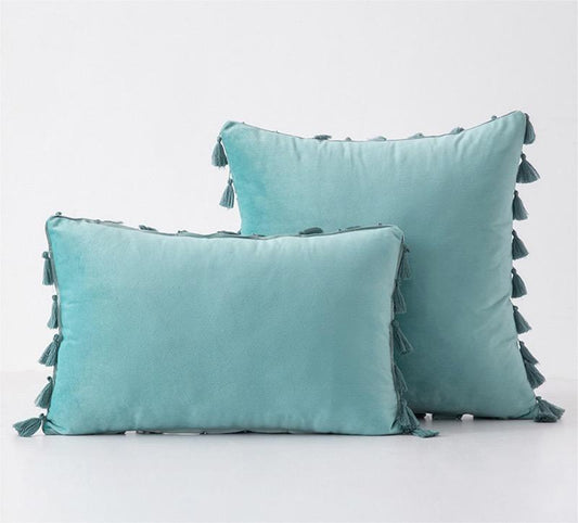 Pack of 2 Velvet Soft Solid Decorative Throw Pillows with Tassels Fringe Boho Accent Cushion for Couch Sofa Bed, Water Green