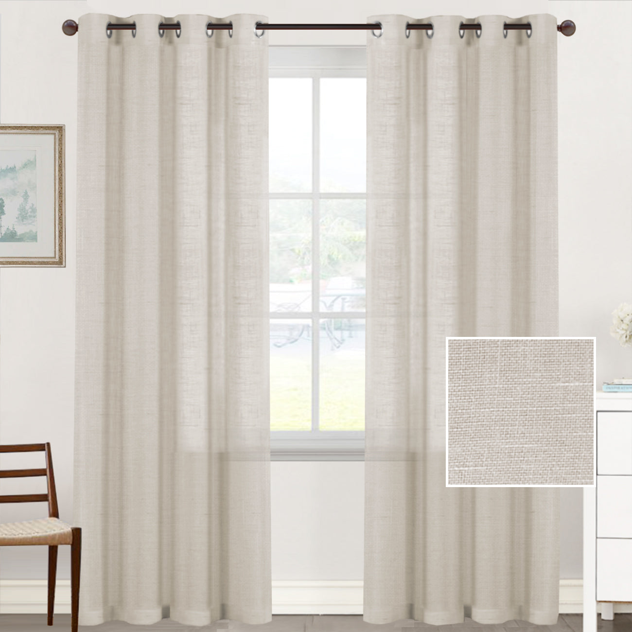 Natural Linen Sheer Curtains 2 Panels, Grommet Semitransparent Semi-Sheer Soft Comfort Privacy Drapes,Linen