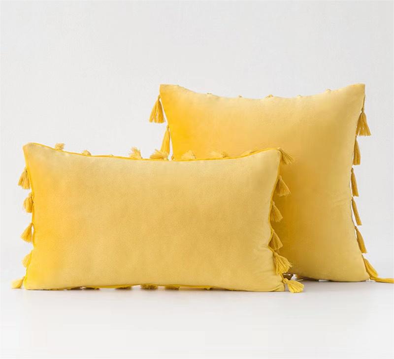 Pack of 2 Velvet Soft Solid Decorative Throw Pillows with Tassels Fringe Boho Accent Cushion for Couch Sofa Bed, Yellow