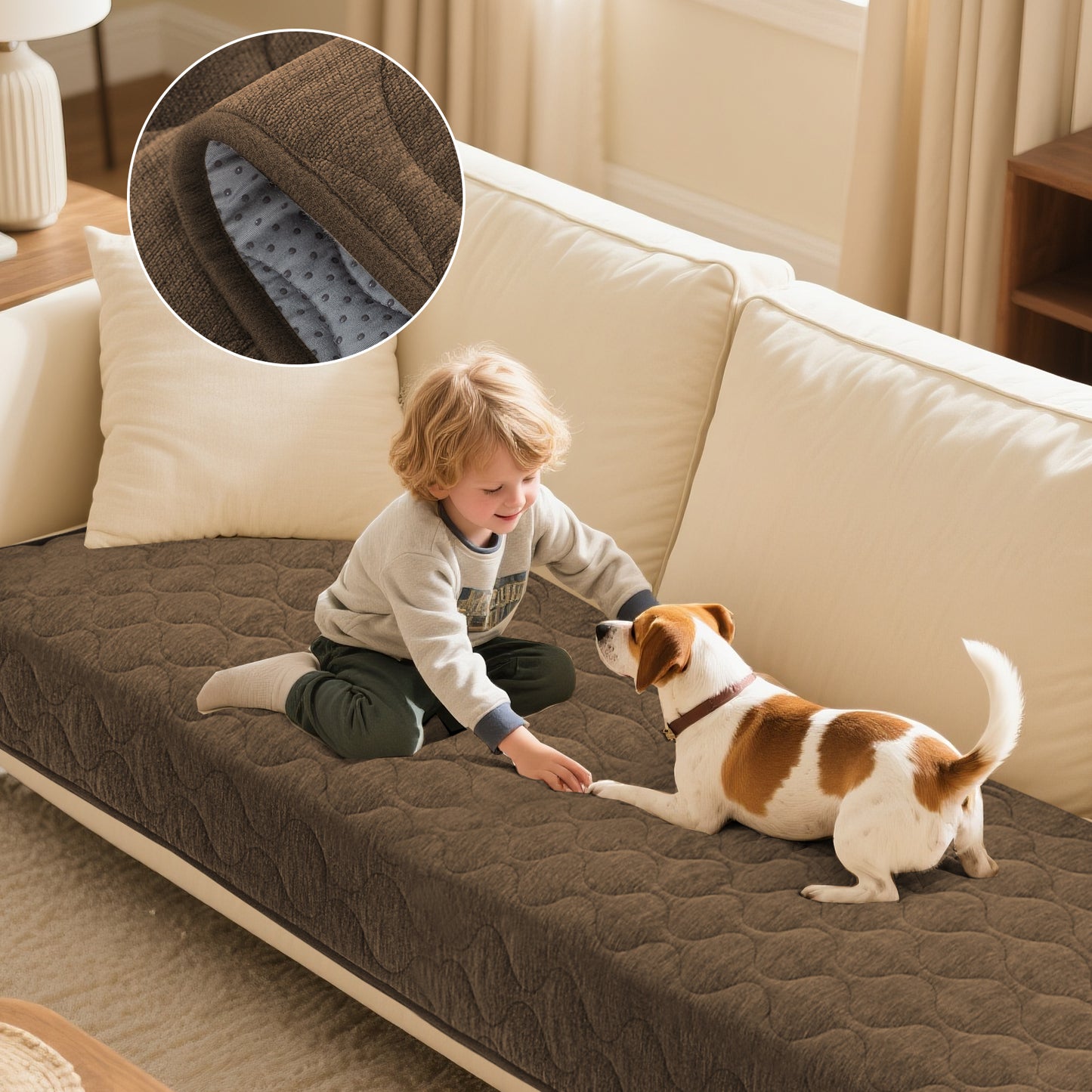 Couch Cover Chenille Pet Fuzzy Sofa Covers for Cushion Couch Anti Slip Washable with Strap Soft Couch Protector Cover for Dogs Cats Kids,Brown