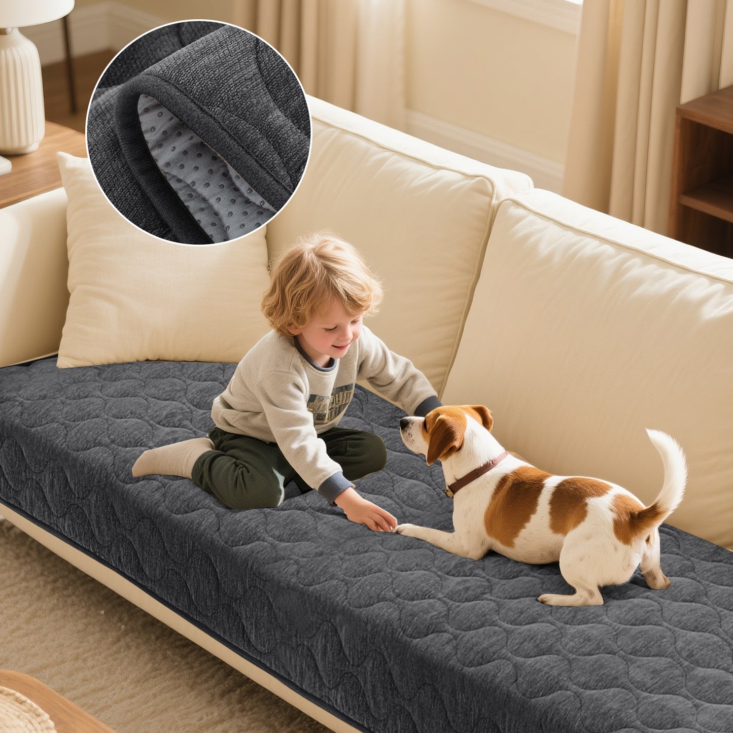 Couch Cover Chenille Pet Fuzzy Sofa Covers for Cushion Couch Anti Slip Washable with Strap Soft Couch Protector Cover for Dogs Cats Kids,Darkgrey