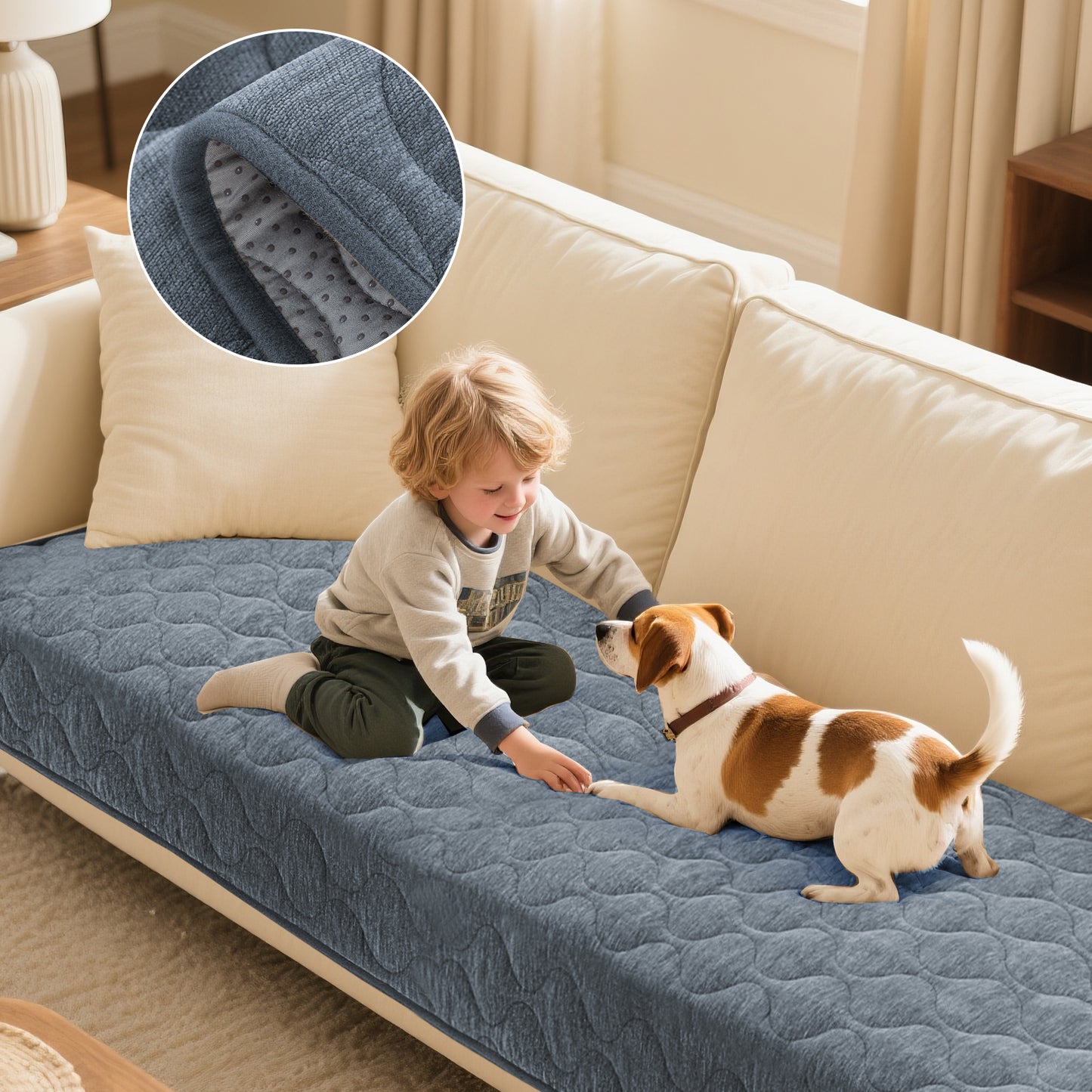 Couch Cover Chenille Pet Fuzzy Sofa Covers for Cushion Couch Anti Slip Washable with Strap Soft Couch Protector Cover for Dogs Cats Kids,Greyblue