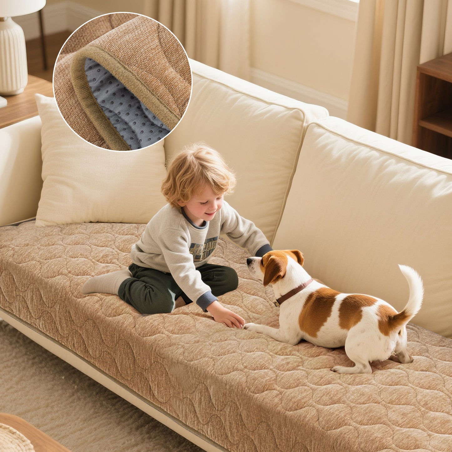 Couch Cover Chenille Pet Fuzzy Sofa Covers for Cushion Couch Anti Slip Washable with Strap Soft Couch Protector Cover for Dogs Cats Kids,Khaki