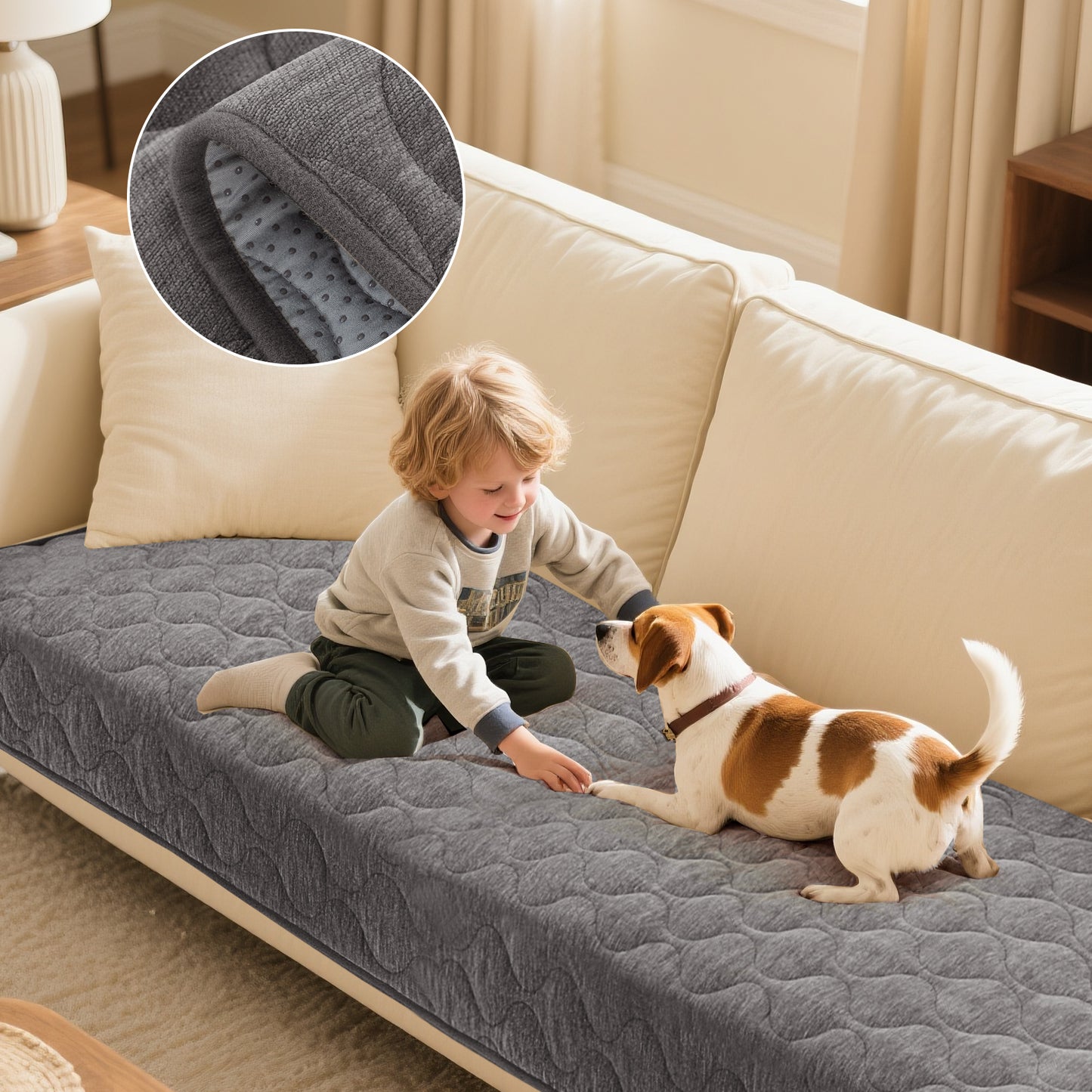 Couch Cover Chenille Pet Fuzzy Sofa Covers for Cushion Couch Anti Slip Washable with Strap Soft Couch Protector Cover for Dogs Cats Kids,Grey