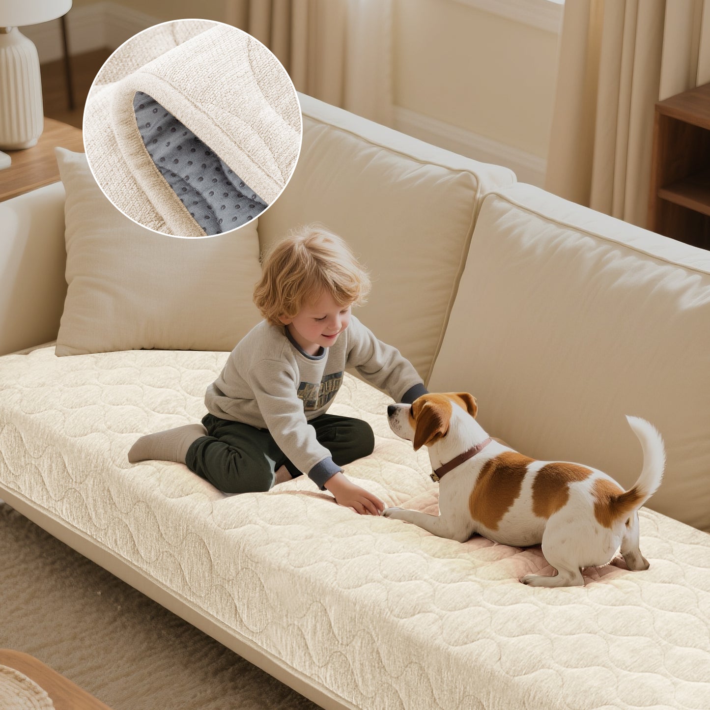 Couch Cover Chenille Pet Fuzzy Sofa Covers for Cushion Couch Anti Slip Washable with Strap Soft Couch Protector Cover for Dogs Cats Kids,Beige