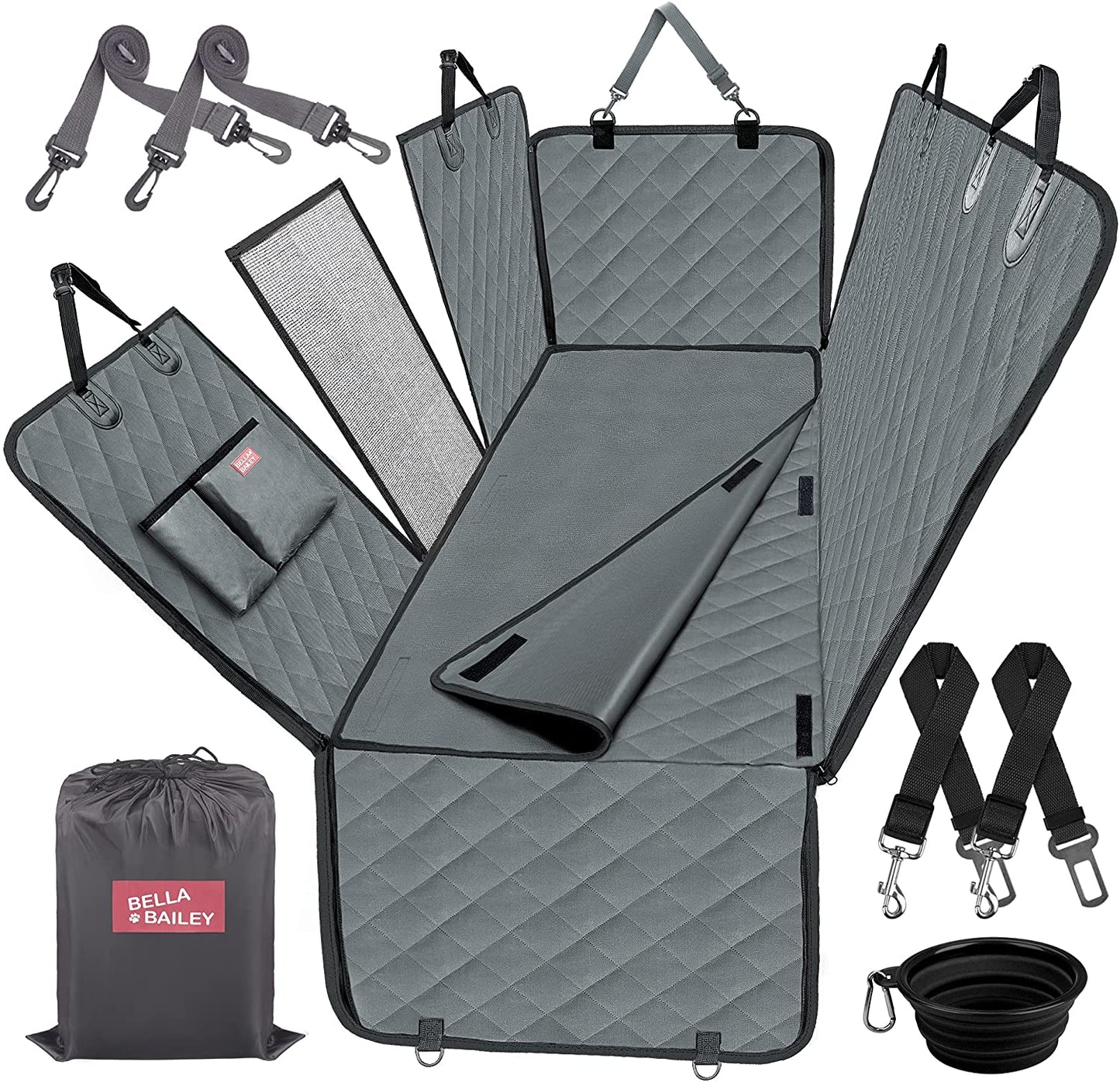 Dog Car Seat Covers with Mesh Window,Dog seat Cover with Side Flap for Cars, Trucks, and Suv's - Waterproof & Nonslip Pet Seat Cover for Backseat, Grey