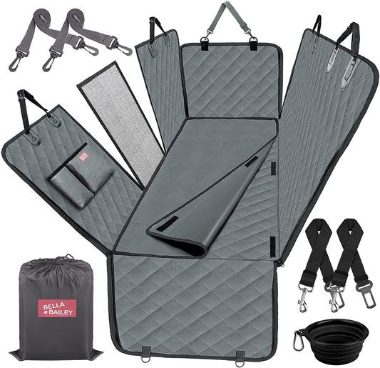 Dog Car Seat Covers with Mesh Window,Dog seat Cover with Side Flap for Cars, Trucks, and Suv's - Waterproof & Nonslip Pet Seat Cover for Backseat, Grey