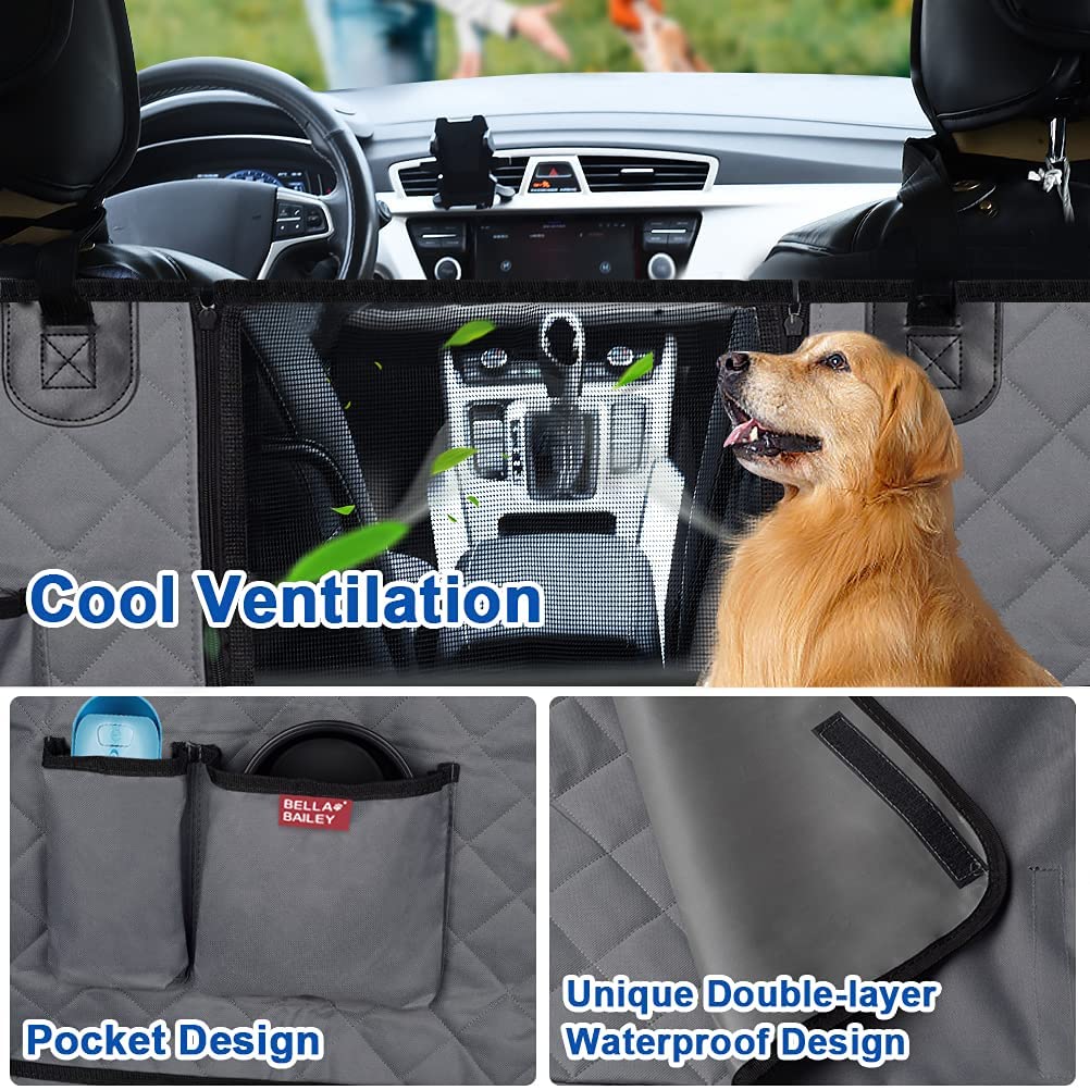 Dog Car Seat Covers with Mesh Window,Dog seat Cover with Side Flap for Cars, Trucks, and Suv's - Waterproof & Nonslip Pet Seat Cover for Backseat, Grey
